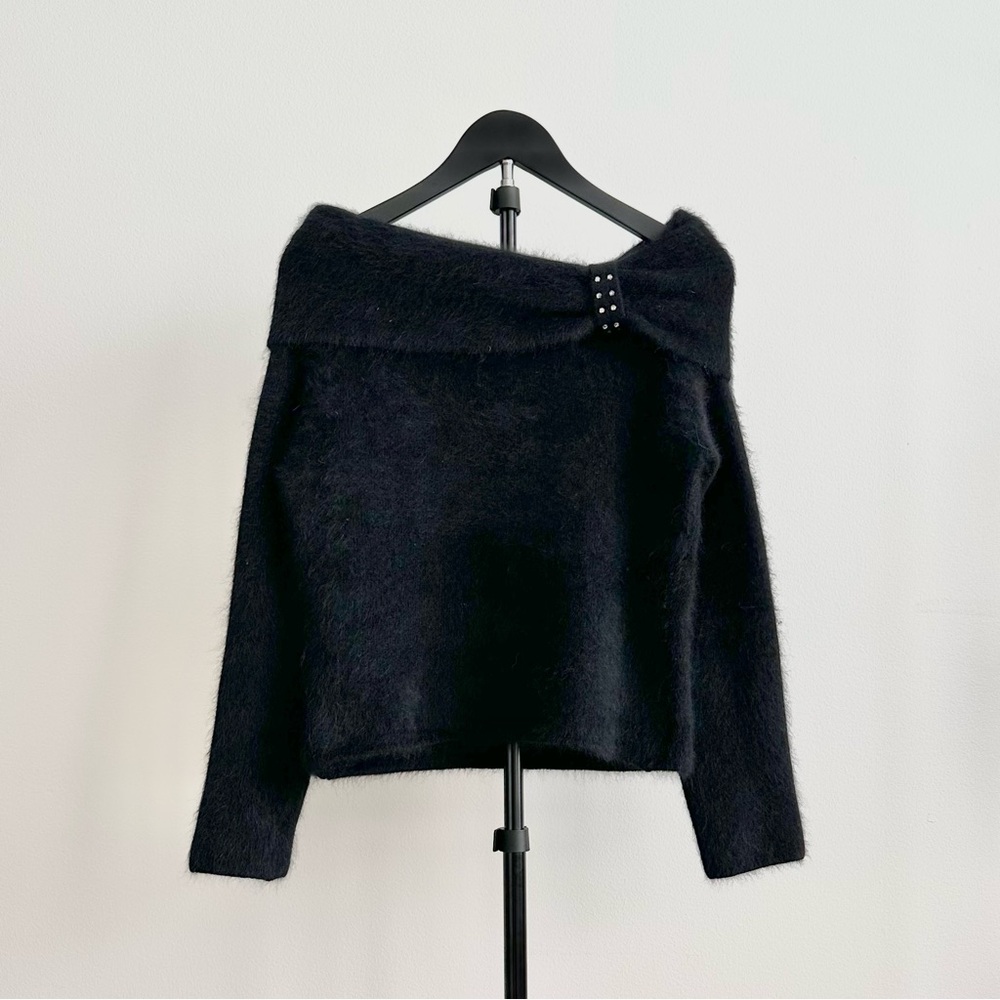 Vintage Twiggy Fuzzy Black Angora Off Shoulder Fold Over Sweater Size L